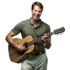 Obraz premium Smiling man playing guitar on transparent background