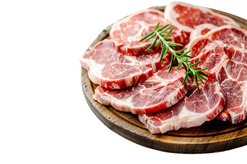 Obraz premium Sliced raw pork neck on a wooden board with a white background