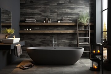 A bathroom in gray tones, a romantic bathroom with a chair, shelves and toiletries.