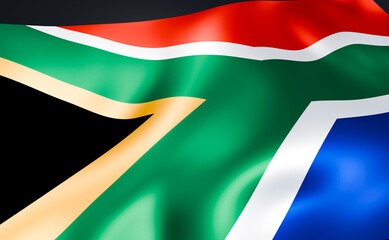 Flag of South Africa, shiny cloth. Banner, symbol and South African culture. Country, nation, election, government, politics and society. 3D illustration