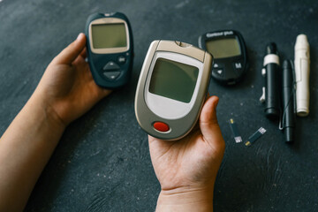 Instruments for measuring blood sugar top view on black background