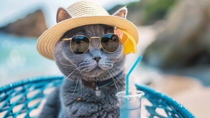 Stylish cat in sunglasses enjoying a beach day