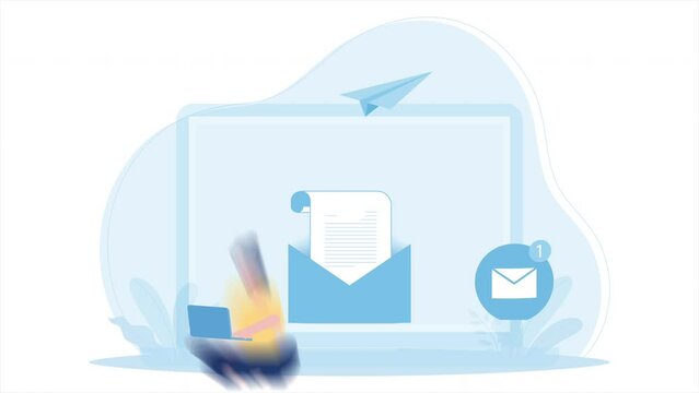 A woman sends or receives documents via email using a laptop flat design animation