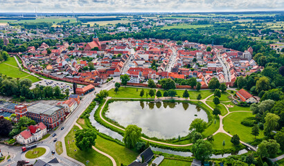 Aerial panoramic view of the old town centre of Wittstock (Germany)