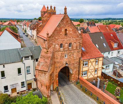 Aerial view of the old City gate Steintor - Tribsees (Germany)