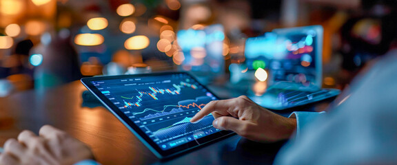 Close-up of fingers interacting with a cutting-edge digital interface on a tablet, highlighted by neon blue, set nocturnal city lights, embodying innovation and technology. Banner. Copy space