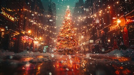 Fototapeta premium Seven strings of lights decorated Christmas tree, snow, night, 