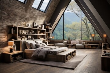 Bedroom under the roof with a large panoramic window.