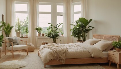 Fototapeta premium Modern minimalist bedroom .Modern minimalist bedroom with neutral colors and sleek furniture