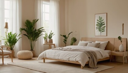 sleeping room, bed with parquet floor. Minimalist design of bedroom with coffee table, windows with city view, 3D rendering no people