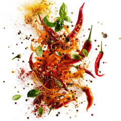 dynamic motion blur, splashes of seasonings in the air,