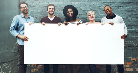 Mockup, poster and group of business people with banner outdoor for advertising, portrait or...