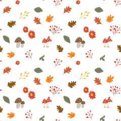 Fall thanksgiving pattern with autumn leaves and plants, animals. Cute fabric design. Thanksgiving day seamless background in traditional colors for clothes, textile, wrapping papers. Cute elements.