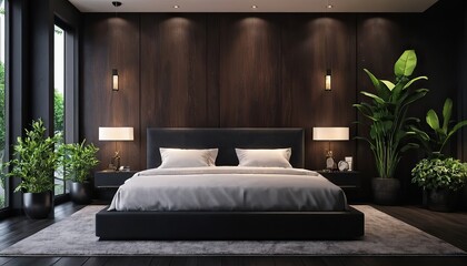 Luxurious bedroom with black dark gray walls and a bed. Deep rich colors grey, graphite and white.