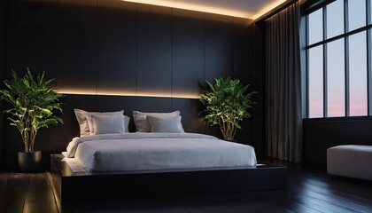 Luxurious bedroom with black dark gray walls and a bed. Deep rich colors grey, graphite and white.