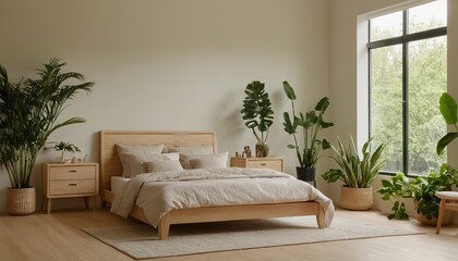 sleeping room, bed with parquet floor. Minimalist design of bedroom with coffee table, windows with city view, 3D rendering no people