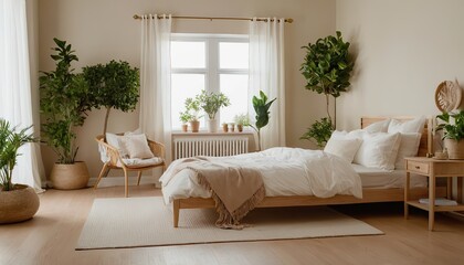 Modern minimalist bedroom 3D illustration. Interior of the bedroom in a minimalist style with wooden furniture