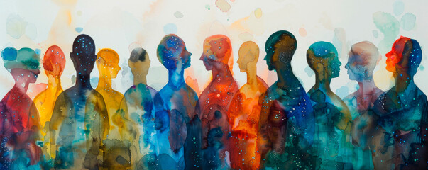 A painting depicting a group of individuals standing in a straight line, facing forward. The figures are varied in gender, age, and attire, suggesting a diverse gathering. Banner. Copy space