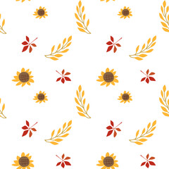 Fall thanksgiving pattern with autumn leaves and plants, animals. Cute fabric design. Thanksgiving day seamless background in traditional colors for clothes, textile, wrapping papers. Cute elements.