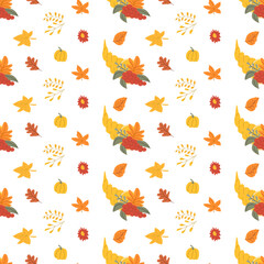 Fall thanksgiving pattern with autumn leaves and plants, animals. Cute fabric design. Thanksgiving day seamless background in traditional colors for clothes, textile, wrapping papers. Cute elements.