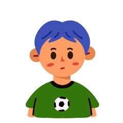 Portrait illustration of a little boy with soccer shirt and purple hair, hand drawn Vector art illustration