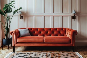 Mid-century style modern living room featuring terra cotta velvet sofa near wainscoting paneling wall for a retro-inspired interior design