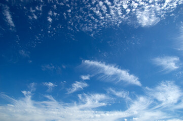 White fluffy clouds in the blue sky.