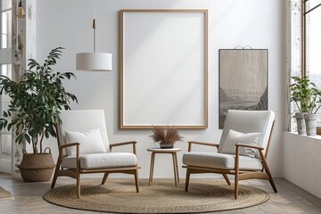Two armchairs in a room with a white wall and a large framed poster. Modern Scandinavian style interior design for a contemporary living room