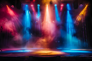 Stage illuminated by colored spotlights and haze