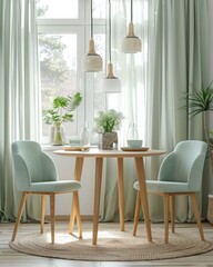 Scandinavian-style dining area: Two mint chairs at round wooden table by window with light green and white curtains