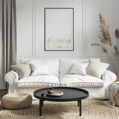 Modern Living Room Design: White Sofa and Black Coffee Table Against White Wall with Art Poster in Scandinavian Boho Home Interior