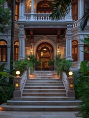 Fototapeta premium Elegant Mansion Entrance with Lush Foliage 