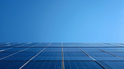A clear blue sky seen through the gaps between the large solar panels installed on top of an airport hangar.