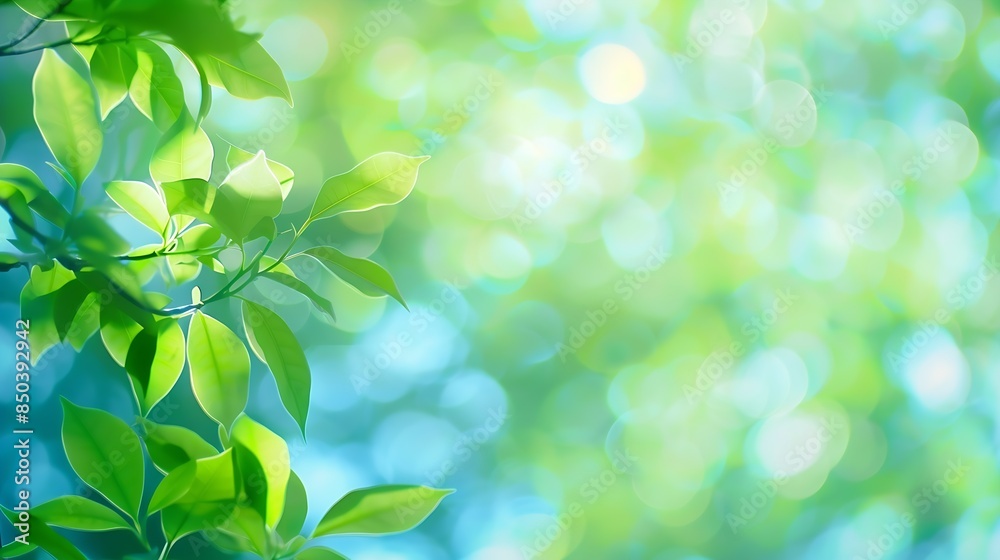 Aufkleber summer background of blue and green blurred foilage and sky with bright bokeh blurry abstract summer