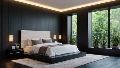 Modern bedroom interior with blank wall for copy space
