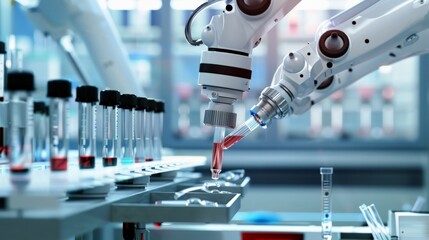 The image shows a robotic arm working in a laboratory