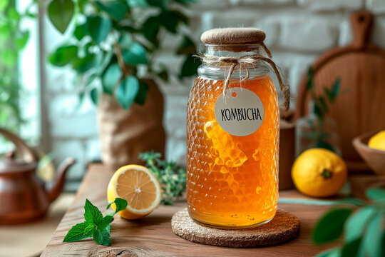 A jar of home-made fermented Kombucha tea mushroom drink stands on a stand next to lemon and mint. The jar is labeled with the word "kombucha" on it. Healthy healthy food concept