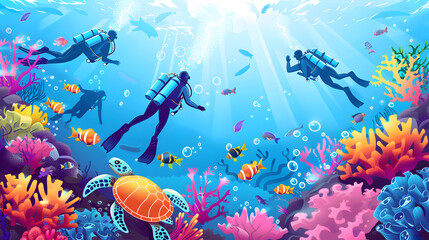 scuba divers exploring an underwater world