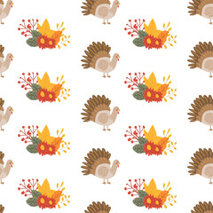 Fototapeta premium Fall thanksgiving pattern with autumn leaves and plants, animals. Cute fabric design. Thanksgiving day seamless background in traditional colors for clothes, textile, wrapping papers. Cute elements.