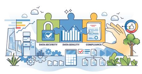 Data governance solutions with file security, quality and compliance outline hands concept, transparent background. Labeled list with safe database storage or processing standards illustration.