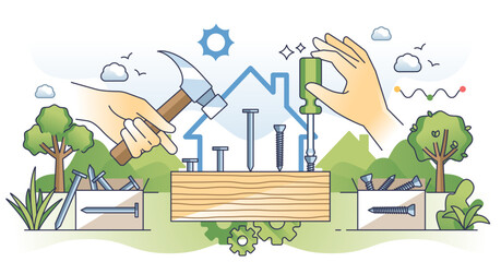 Handyman profession with carpenter work skills outline hands concept, transparent background. Professional repairman for real estate construction, maintenance, fix or renovation illustration.