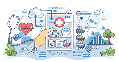 Big data in healthcare for patient health analysis outline hands concept, transparent background. Medical information system about public healthcare, new clinical research.