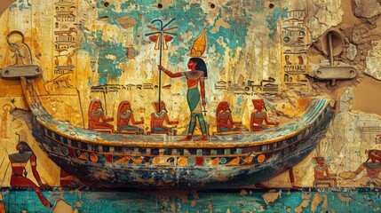 The image shows an ancient Egyptian painting of a boat with people and animals on it.