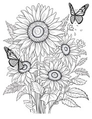 Sunflower Mandala Coloring Page for Adults. Flower and Butterflies Coloring Book