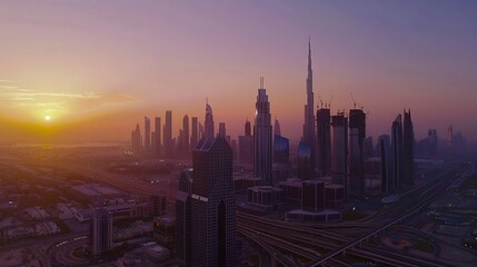 Obraz premium Aerial view of Dubai Frame Downtown skyline United Arab Emirates or UAE Financial district and business area in smart urban city Skyscraper and highrise buildings at sunset : Generative AI