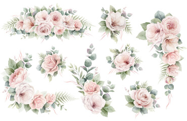 Light pink roses flowers and eucalyptus leaves. Watercolor floral wreath, frame, border, bouquet. Arrangement for wedding invitations, greetings, wallpapers, decoration. Hand painted illustration.