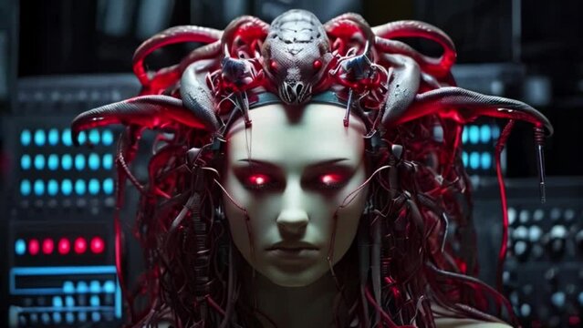 Digital Medusa, medusa reincarnated with the help of artificial intelligence, Red medusa robot with snakes in head Generative AI