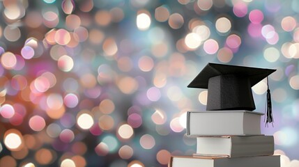 Black graduation cap placed on white books with a festive background of celebratory confetti