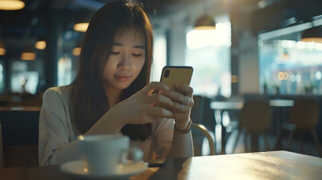 Portrait of beautiful asian woman with smartphone relaxing in cafe sitting and enjoying coffee while using mobile phone : Generative AI