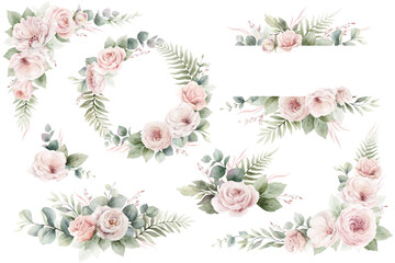 Light pink roses flowers and eucalyptus leaves. Watercolor floral wreath, frame, border, bouquet. Arrangement for wedding invitations, greetings, wallpapers, decoration. Hand painted illustration.